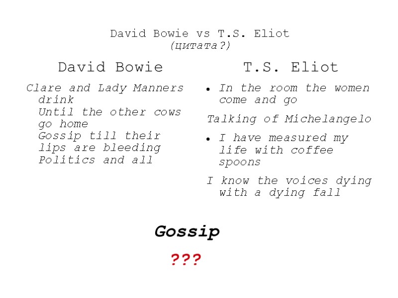 David Bowie vs T.S. Eliot (цитата?) David Bowie Clare and Lady Manners drink Until